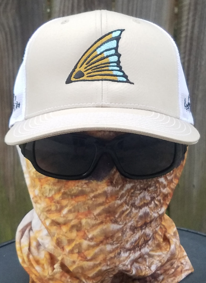 Redfish Zone, Khaki/White Trucker Mesh With a Black, Copper Blue Redfish With The Word Redfish Zone on both sides of the