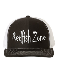 Redfish Zone, Black/White Trucker Mesh Snapback With White Raised Lettering