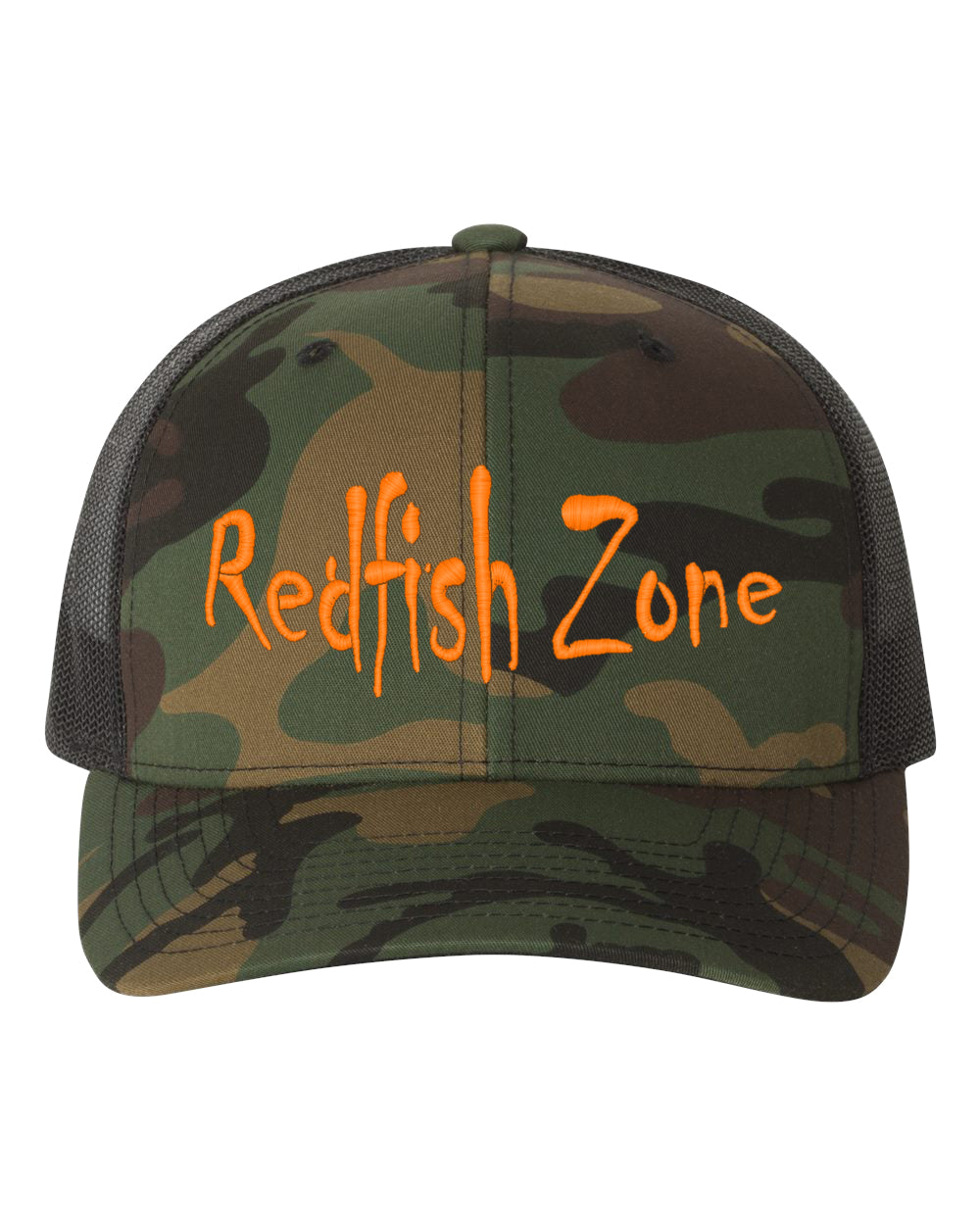 Redfish Zone, Camo/Black Trucker Mesh Snapback With Hunter Orange Raised Lettering