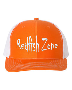 Redfish Zone, Orange/White Trucker Mesh Snapback With White Raised Lettering