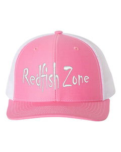 Redfish Zone, Pink/White Trucker Mesh Snapback With White Raised Lettering