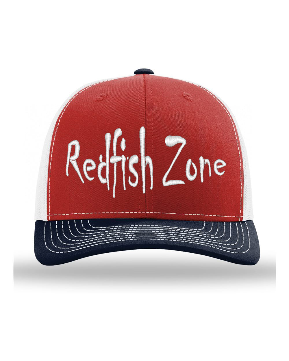 Redfish Zone,  Red/White/Blue Redfish Zone Trucker Snapback With Raised White Lettering.