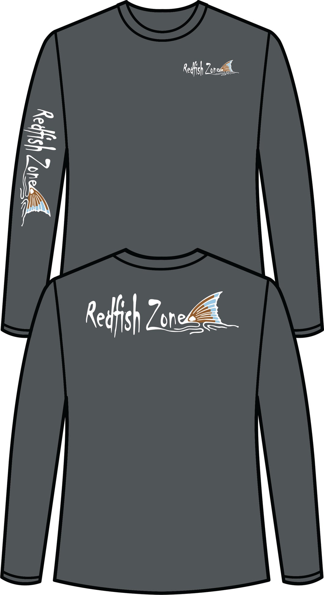 Redfish Zone! Redfish Tail Long Sleeve Performance T-Shirt. 100% Polyester! Gray