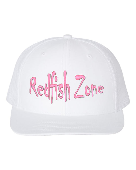 Redfish Zone, White/White Trucker Mesh Snapback With Pink Raised Lettering
