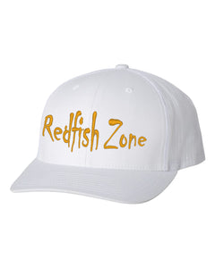 Redfish Zone, White/White Trucker Mesh Snapback With Gold Raised Lettering