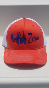 Redfish Zone, Orange/White Trucker Mesh Snapback, With Blue Raised Lettering