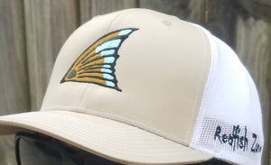 Redfish Zone, Khaki/White Trucker Mesh Snapback. With a Black, Copper & Blue Redfish Tail. With The Word Redfish Zone on both sides of the hat.