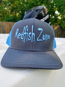 Redfish Zone, Charcoal/Neon Blue Trucker Snapback With Raised Neon Blue Lettering