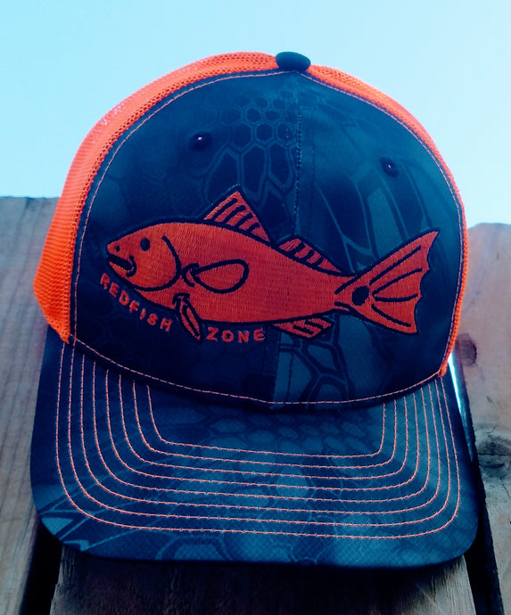 Redfish Zone! Black/Orange/Kryptek Camo, With Orange Mesh Trucker Snapback. With Redfish Zone, Redfish Logo.